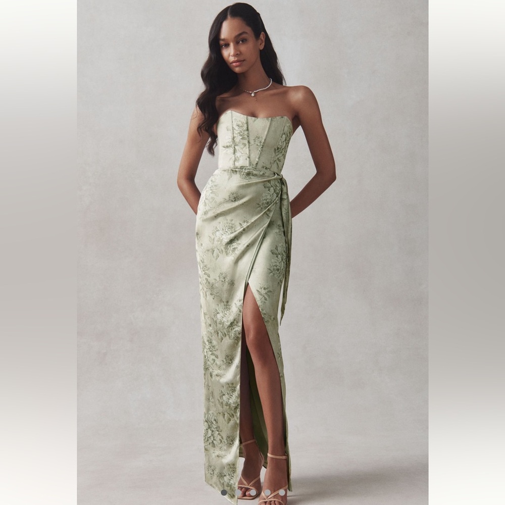 V. Chapman June Printed Corset Front-Slit Satin Gown